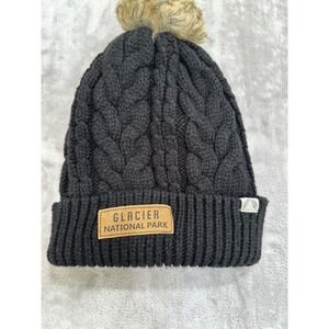 Glacier National Park Beanie x Cirque Black With Faux Fur Pom Pom EUC